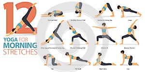 12 Yoga poses or asana posture for workout in Morning Stretches  concept. Women exercising for body stretching.Fitness infographic