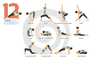 12 Yoga poses for workout in concept of flexibility in flat design. Yoga posture or asana for fitness infographic.