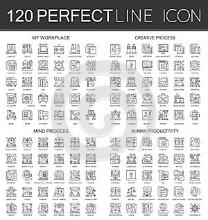 120 outline mini concept infographic symbol icons of my workplace, creative process, mind process, human productivity.