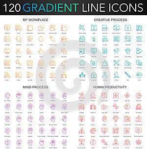 120 trendy gradient style thin line icons set of my workplace, creative process, human productivity, mental mind process