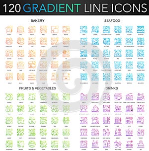 120 trendy gradient vector thin line concept complex icons set of Bakery, Seafood, Fruits Vegetables, Drinks icon.