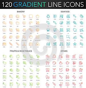 120 trendy gradient vector thin line icons set of Bakery, Seafood, Fruits Vegetables, Drinks icon.