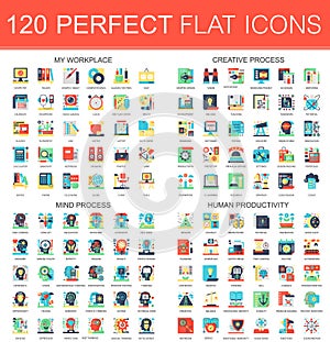 120 vector complex flat icons concept symbols of my workplace, creative process, mind process, human productivity. Web