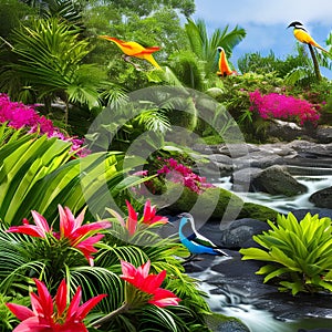 1213 Tropical Bird Paradise: A vibrant and tropical background featuring tropical birds, lush foliage, and bright colors that cr