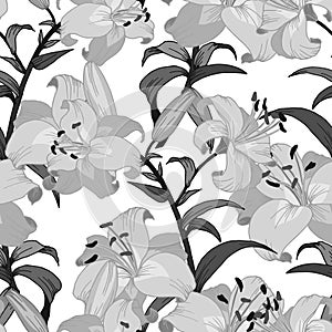 1214 pattern, seamless pattern with branches and flowers of lilies in monochrome gray, ornament for wallpaper