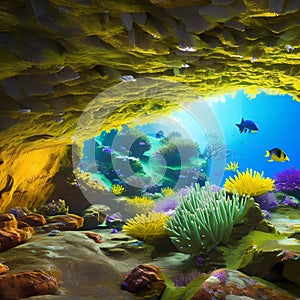 1217 Magical Underwater Caves: A magical and enchanting background featuring underwater caves with glowing aquatic plants, vibra