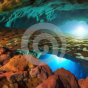 1277 Mystical Underwater Cave: A mystical and enchanting background featuring a mystical underwater cave with shimmering light,