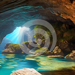 1277 Mystical Underwater Cave: A mystical and enchanting background featuring a mystical underwater cave with shimmering light,