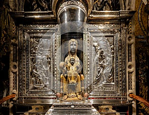A 12th-century statue of Our Lady of Montserrat, the Black Madonna, in the Basilica at Santa Maria de Montserrat Abbey.