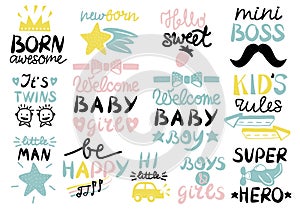 13 children s logo with handwriting Born awesome, Welcome baby, Kids rules, Girls and Boys, Be happy, Newborn, Mini boss, Super he