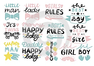 13 children s logo with handwriting Little man,lady, Girls, boys rules, Mommy, Daddy happy baby, Hello, It s twins.