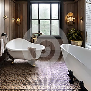 13 A cozy, cottage-style bathroom with a clawfoot tub, a patterned tile floor, and a vintage mirror1, Generative AI