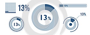 13% percentage infographic set. Thirteen circle diagram, pie donut chart, progress bar. 13 percent loading data icon. Vector