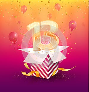 13 years anniversary vector design element. Isolated Thirteen years jubilee with gift box, balloons and confetti on a