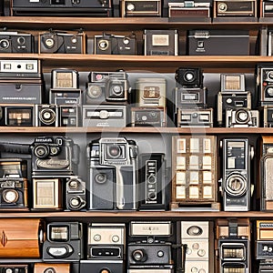 1376 Vintage Camera Collection: A retro and vintage-themed background featuring a collection of vintage cameras, film rolls, and