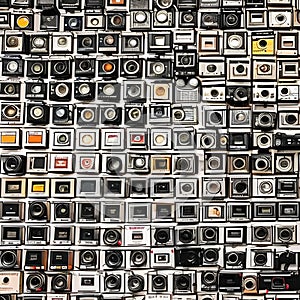 1396 Vintage Film Cameras: A retro and vintage-themed background featuring a collection of vintage film cameras, film rolls, and