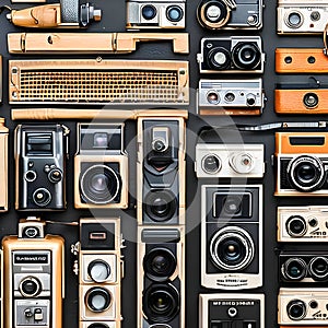 1396 Vintage Film Cameras: A retro and vintage-themed background featuring a collection of vintage film cameras, film rolls, and