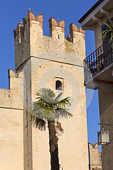 13th-century medieval stone Scaliger Castle Castello Scaligero on Lake Garda, Sirmione, Italy.