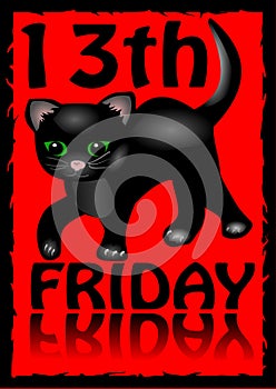 13th friday poster. Humorous flyer with a little black kitten cartoon on red background.