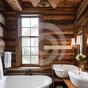 14 A cozy, cabin-inspired bathroom with a clawfoot tub, wooden accents, and a rustic mirror2, Generative AI