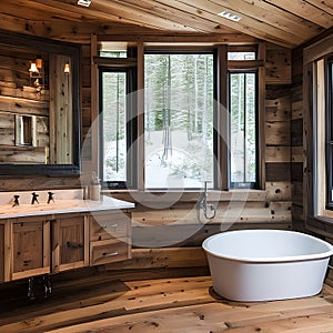 14 A cozy, cabin-inspired bathroom with a clawfoot tub, wooden accents, and a rustic mirror4, Generative AI