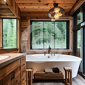 14 A cozy, cabin-inspired bathroom with a clawfoot tub, wooden accents, and a rustic mirror5, Generative AI