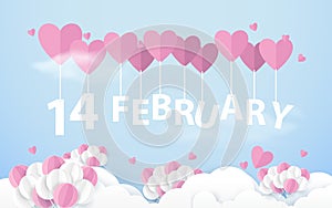 14 February hanging with Pink Heart Balloons in sky. Happy valentines day. Paper art and craft style