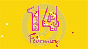 14 February. Hearts fall in numbers. Yellow background. Holiday