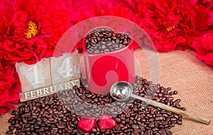 14 February rosted  coffee beans with heart chocolates red flowers red mug