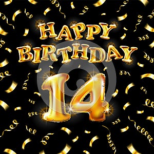 14 Happy Birthday message made of golden inflatable balloon fourteen letters isolated on black background fly on gold ribbons with