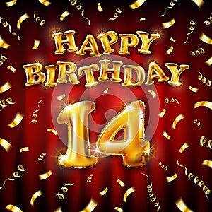 14 Happy Birthday message made of golden inflatable balloon fourteen letters isolated on red background fly on gold ribbons with