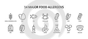 14 major food allergens icon. Vector set of 14 icons with editable stroke. Collection includes gluten, fish, egg, crustacean,
