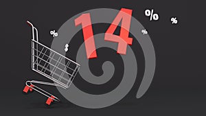 14 percent discount flying out of a shopping cart on a black background. Concept of discounts, black friday, online sales. 3d