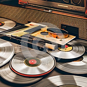 1416 Vintage Vinyl Records: A retro and music-themed background featuring vintage vinyl records, record players, and retro music