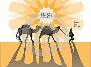 1441 Hijri year vector card with camel caravan, camelcade, , sun, desert, shadow.