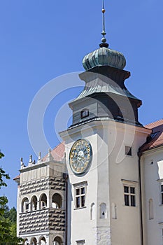 14th century defense Castle Pieskowa Skala , clock tower ,near Krakow, Poland