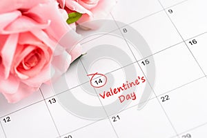 14th Feb Valentine`s Day Marked on Calendar Date