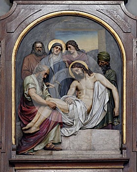 14th Stations of the Cross, Jesus is laid in the tomb and covered in incense