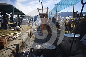 15-02-2019 Lonquimay, Chile. Meat roasted on the stick by a Chilean gaucho in Lonquimay, Chile