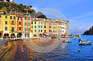 15.03.2018. Panorama of Portofino, picturesque Italian fishing village, Genoa province, Italy. A vacation resort with a picturesqu