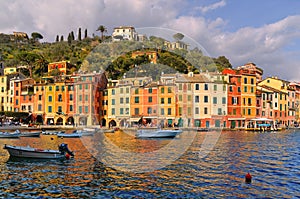 15.03.2018. Panorama of Portofino, picturesque Italian fishing village, Genoa province, Italy. A vacation resort with a picturesqu