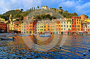 15.03.2018. Panorama of Portofino, picturesque Italian fishing village, Genoa province, Italy. A vacation resort with a picturesqu