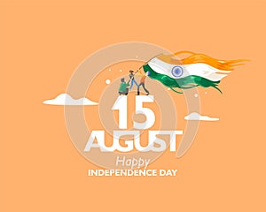 15 August text symbol, logo and icon for India independence day. with indian flag fluttering. For Poster, flyer, banner background