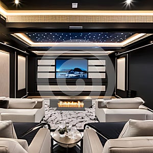 15 A contemporary, minimalist home theater with a mix of black and glass finishes, a large projection screen, and a mix of comfo