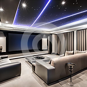 15 A contemporary, minimalist home theater with a mix of black and glass finishes, a large projection screen, and a mix of comfo