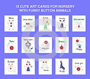 15 cute art cards for nursery with funny button animals, birds and insects - cat dog frog mouse panda hamster ladybug