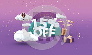 15 Fifteen percent off 3D illustration in cartoon style. Clearance, sale, discount concept