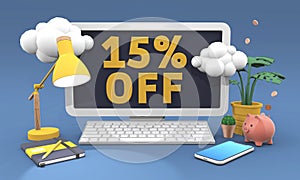 15 Fifteen percent off 3d illustration in cartoon style. Online shopping Sale concept