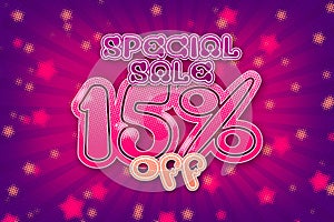 15 fifteen Percent off super sale shopping halftone banner. limited sale sale