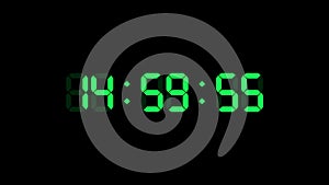 15 hour o`clock digital clock. Seconds count to fifteen. Numerical electronic green display screen